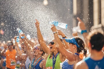 Participants celebrate joyfully at a summer marathon, cheering with water bottles amidst splashes in the lively atmosphere. Generative AI