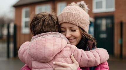 Fototapeta premium Mother Embracing Child in Cozy Outdoor Setting