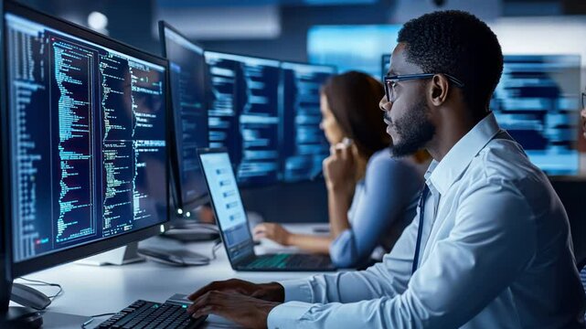 African American male researcher working on computer with a woman sitting next to him A man wears glasses and focuses on his work. 