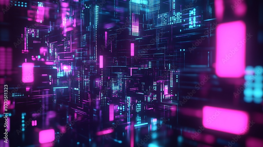 Aufkleber Abstract Neon Cyber Space with High-Tech Infrastructure and Data Flow : Generative AI
