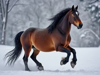 Majestic brown horse galloping through snowy forest with powerful stride, mane flowing and snow flying in a winter landscape