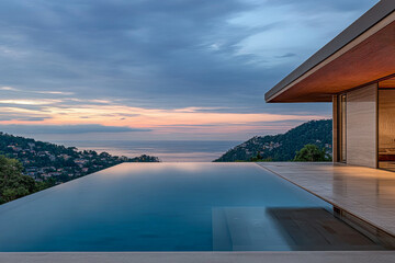 Fototapeta premium Serene sunset view from a luxurious infinity pool overlooking a coastal landscape