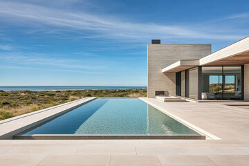 Fototapeta premium Modern coastal villa with infinity pool overlooking the serene ocean landscape in sunny weather