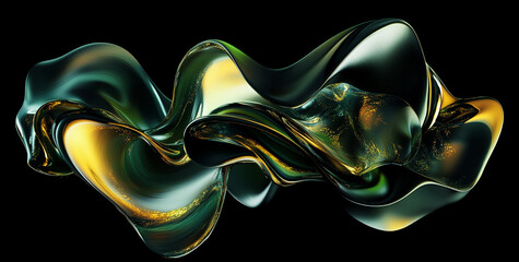 A swirling, abstract shape of green and gold liquid, lit against a black background, reminiscent of...