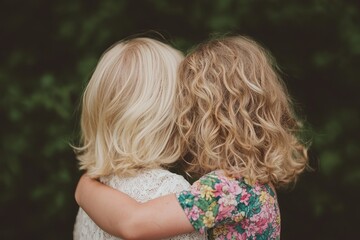 A warm embrace between a mother and daughter in a lush garden during summer