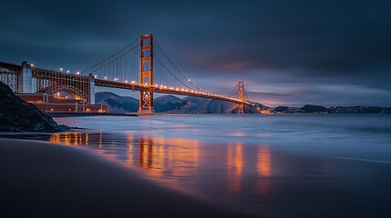 Fototapeta premium Golden Gate Bridge at Night Reflected in Tranquil Bay Waters : Generative AI