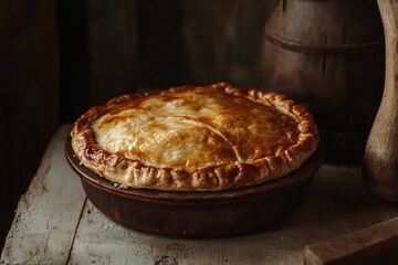 Golden baked pie in rustic kitchen setting