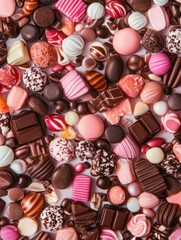 Assortment of different chocolates and sweets Colorful pink background