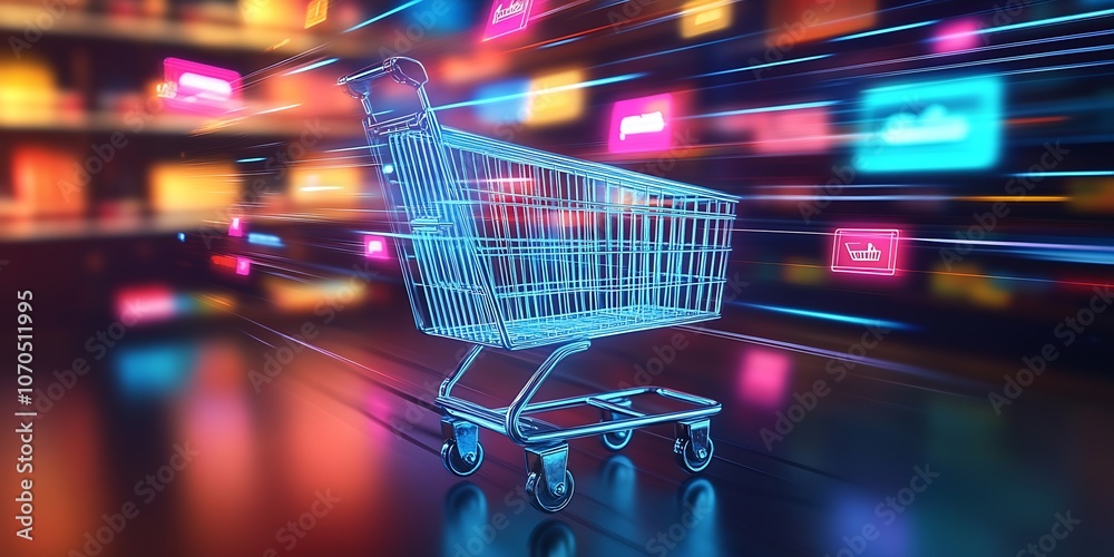 Poster Fast Paced Neon Shopping Cart with Digital Icons in Dynamic Retail Background : Generative AI