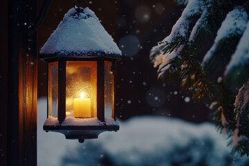 Snowy evening with warm lantern light