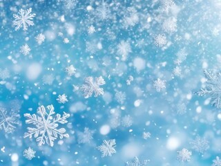 Beautiful falling snowflakes wallpaper. Winter dust ice particles. Snowfall weather white teal blue background. Many snowflakes january theme. Snow hurricane scenery, Magic nature fantasy snowfall.