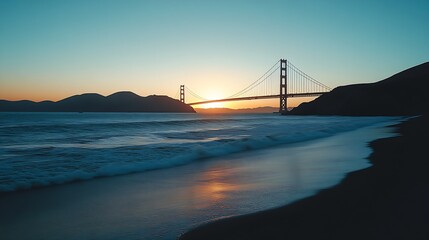 Fototapeta premium Golden Gate Bridge Illuminated by Dusk Light Against a Spectacular Sunset Horizon : Generative AI