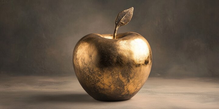 A golden apple made of metal, used as a decorative ornament.
