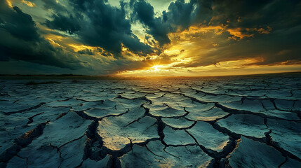 A Dramatic Sunset Over a Cracked, Dry Earth Landscape with a Golden Sky and Dramatic Clouds