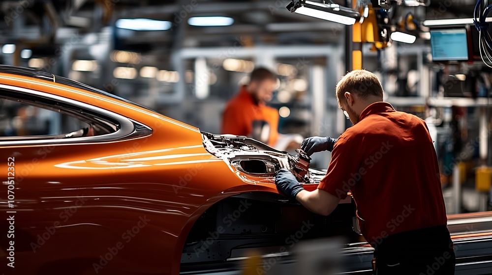 Aufkleber hands on precision work in car manufacturing assembly line : generative ai