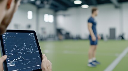 AI-Driven Sports Performance Metrics on Tablet - Close-Up of Athlete Analyzing Muscle Recovery Agility and Endurance Data in Modern Training Environment