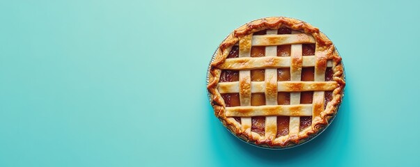 Fresh baked pie on turquoise background, top view