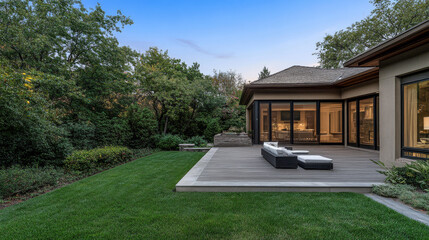 Fototapeta premium Luxurious backyard with modern seating and lush greenery in the early evening light