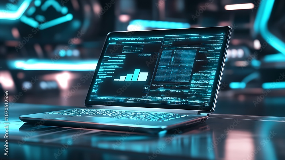 Poster Modern Computer Analyzing Data with Neon Display in High Tech Office : Generative AI