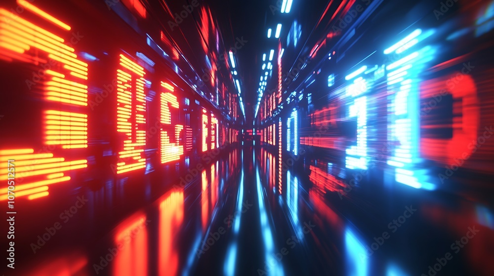 Aufkleber Cyber corridor with vibrant red and blue numeric displays : Generative AI