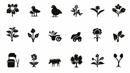 Black and White  Silhouette Icons of Flowers, Plants, and Birds  for Gardening and Nature