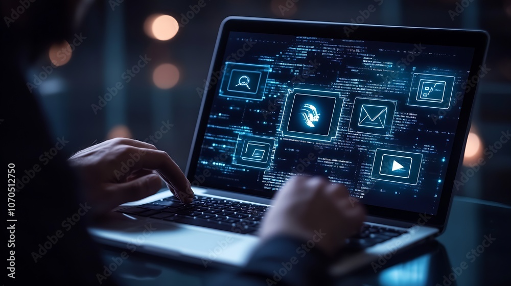 Aufkleber futuristic digital interface on laptop screen with glowing icons for communication and media : gener