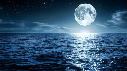 A Serene Nighttime Seascape with a Full Moon Shining Brightly Over the Ocean