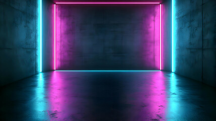 Abstract 3D Render of a Concrete Room with Glowing Pink and Cyan Neon Lights Reflecting on the Floor