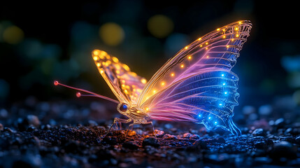 3D Render of a Glowing Butterfly on a Dark Background, with a Digital Art Style and Blue and Yellow Lights