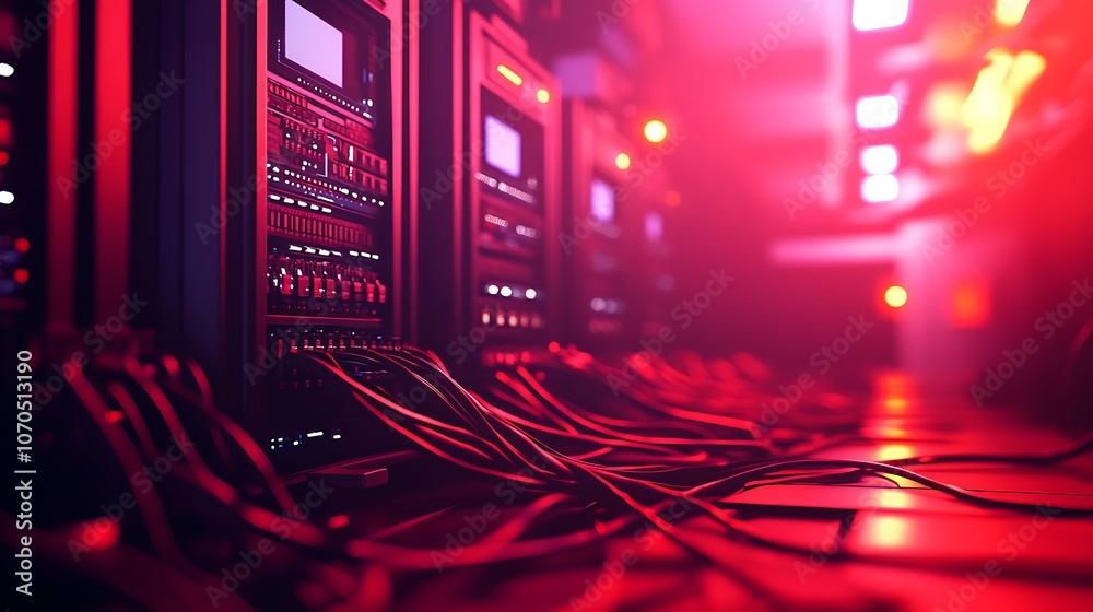 Aufkleber Elegant Data Server Room with Dynamic Red Illumination and High Tech Ambiance : Generative AI