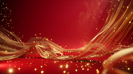 Red background, golden ribbon flowing on the right side of the screen, with light and shadow effects on both sides, simple red color scheme, Chinese New Year atmosphere, Spring Festival elements