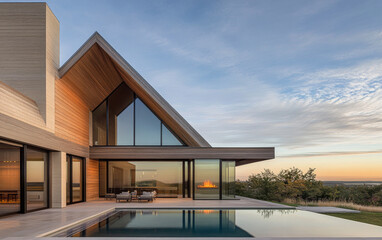 Fototapeta premium Modern house with large windows and pool at sunset in a serene landscape