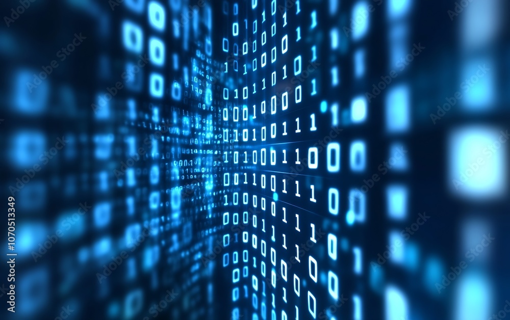 Aufkleber Dynamic Blue Binary Code Visualization in Tech Matrix Grid : Generative AI