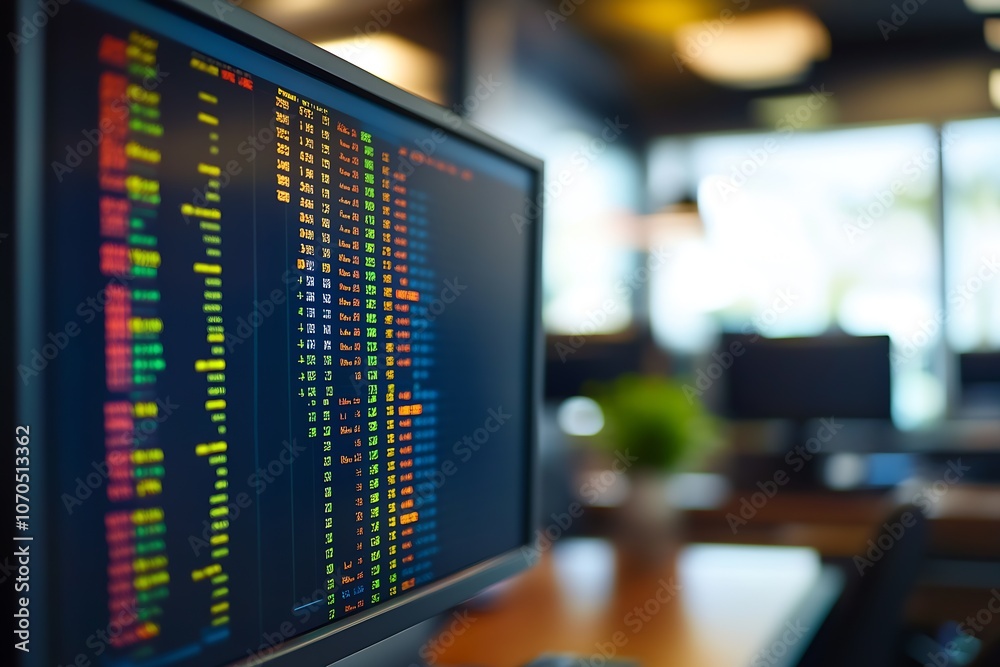 Fototapete Office Computer Displaying Financial Stock Data with Vibrant Color Patterns : Generative AI