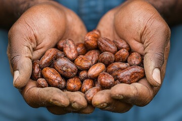 Fototapeta premium A farmer displays freshly harvested cacao pods in hands, showcasing the rich harvest