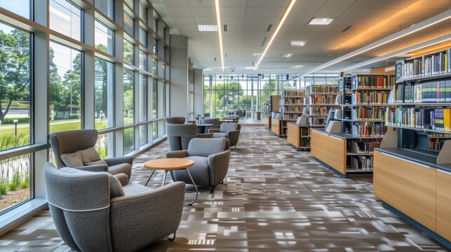 A modern library featuring digital catalogs, spacious seating areas, and abundant natural light during a sunny afternoon