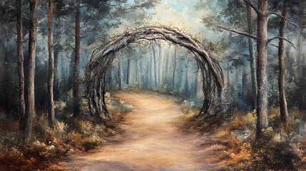 Enchanted forest pathway with driftwood archway fantasy landscape digital painting. Enchanted. Illustration