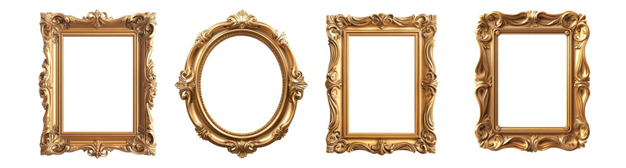 Classic antique gold frames in various shapes, perfect for showcasing art or photos. Their intricate designs add elegance and charm to any decor