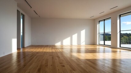 Obraz premium An aerial perspective of a blank canvas, featuring a wood floor and white walls, awaiting interior inspiration.