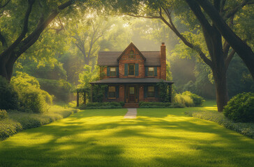 A charming brick house nestled in the heart of an enchanting green forest, surrounded by lush trees and vibrant foliage, bathed in soft sunlight filtering through towering branches. 