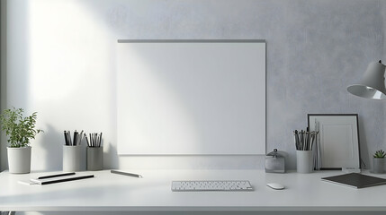 Minimalist White Desk with a Blank Canvas, a Keyboard and Pens in a Vase, Ready for Work or Creativity