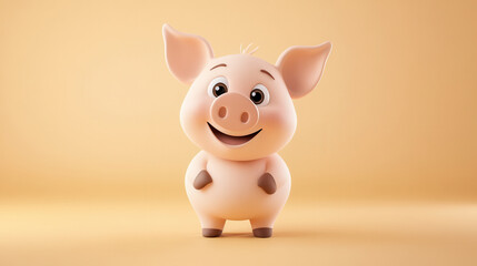 Cute cartoon pig character with cheerful expression, standing against warm yellow background. This adorable pig is perfect for children illustrations and playful designs