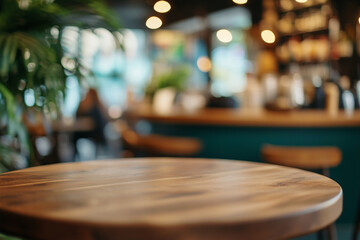 Fototapeta premium Empty wooden tabletop with a blurred background of coffee shop or restaurant. 