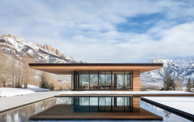 Modern wooden house with large glass windows surrounded by mountains and snow in winter