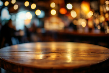 Obraz premium Empty wooden tabletop with a blurred background of coffee shop or restaurant. 