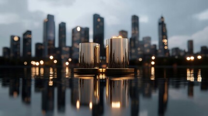 Obraz premium Golden Cylinders Reflecting City Skyline