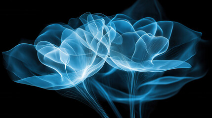 Obraz premium Glowing blue flowers with ethereal wisps on black background create mesmerizing visual. delicate shapes evoke sense of tranquility and beauty