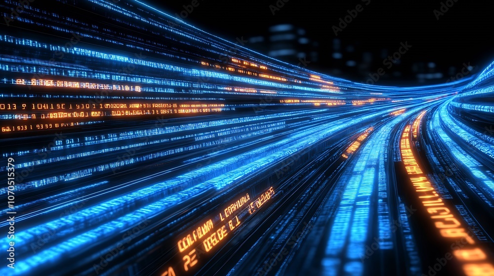 Fototapete Vivid Blue and Orange Binary Lines in Digital Space Representing Data Travel : Generative AI