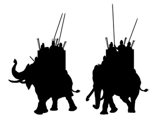 Carthaginian war elephant with crew. Historical black silhouette drawing.