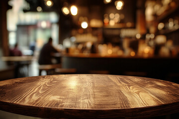 Obraz premium Empty wooden tabletop with a blurred background of coffee shop or restaurant. 